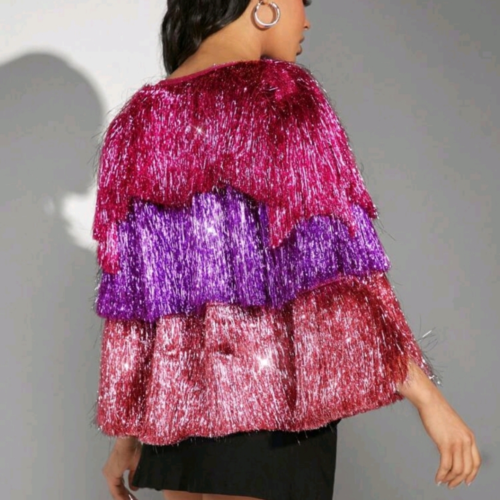 Colorblock Metallic Fringe Open Coat - Picture 2 of 6